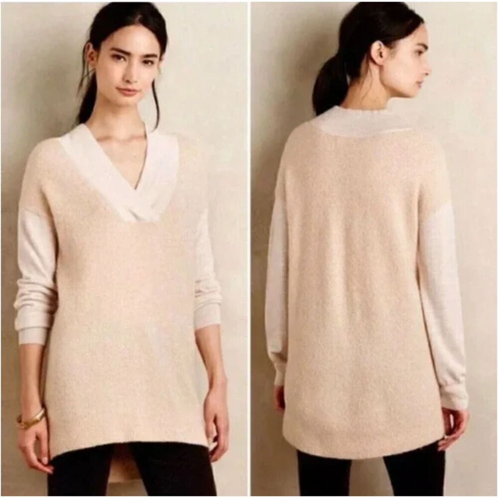 Anthropologie Moth Two Tone Cream Wool Alpaca Blend Sweater‎ V-Neck Size Small